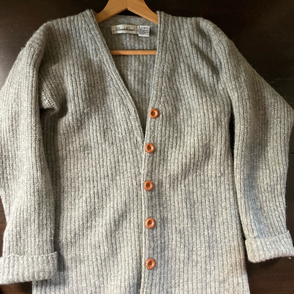 Claude Vernet 100% Wool knit Cardigan in Shetland Wool soft warm Grey sz M Mens